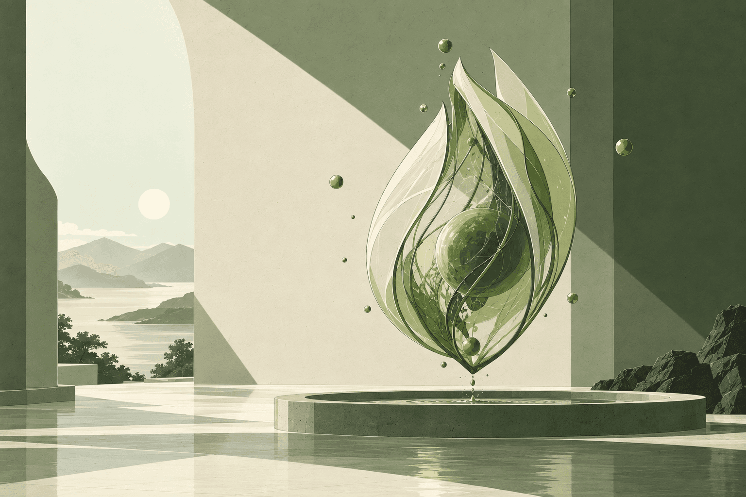 Unknown Seed, an imagined organic object suspended in a quiet architectural landscape.